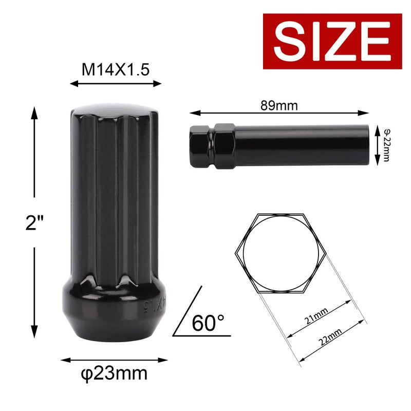 FLYCLE M14x1.5 Wheel Lug Nuts, 32pcs Black 14mmx1.5 Spline Lug Nut 2 Inch Tall with 1 Socket Key Compatible for Silverado Suburban Express Sierra Ram 2500 3500 F250 F350 8 Lug Aftermarket Wheels - Image 2